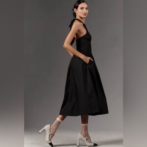 NIA Rio Black Halter Midi Dress Sz S Bow Pockets Corset Bodice Anthropologie